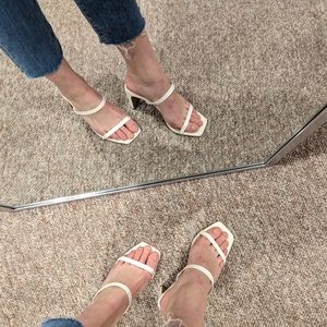 The Drop Avery Square Toe Two Strap High Heeled Sandal